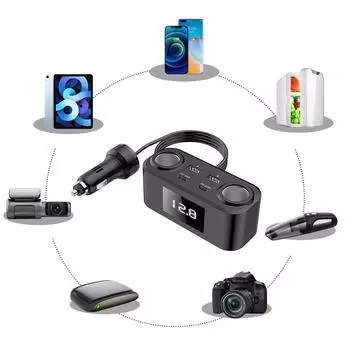 Автомобильные зарядные устройства PD+QC3.0 Адаптер для быстрой зарядки 2-разъемный разветвитель питания 12–24 В со светодиодным индикатором напряжения чёрный