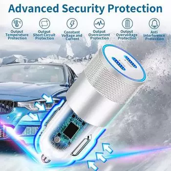 Автомобильный адаптер для зарядки телефона, двойной порт PD, автомобильное зарядное устройство, компактный размер, защита от перегрева, универсальная совместимость, автомобильное зарядное устройство 60 Вт