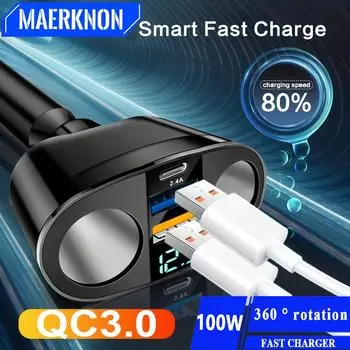 Автомобильный адаптер PD мощностью 100 Вт, 2 USB-прикуривателя, расширяет возможности автомобильного зарядного устройства QC3.0, универсальное сверхбыстрое зарядное устройство для мобильных телефонов Black