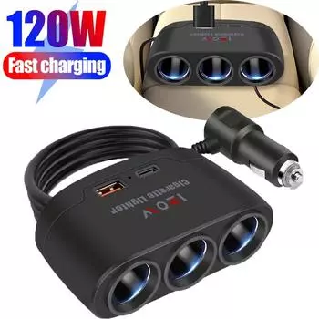 Автомобильный адаптер питания Car One Tow Three Power Dual USB Interface Splitter, автомобильное зарядное устройство, многофункциональный автомобильный адаптер питания, разъем для прикуривателя, 120 Вт чёрный