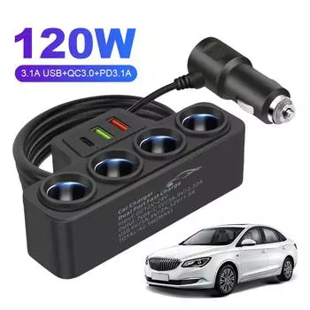 Автомобильный адаптер прикуривателя QC3.0+PD 3.1A 12V-24V Автомобильное зарядное устройство USB 4-гнездовой 120W телефонный адаптер питания USB-адаптер для зарядного устройства телефона CHINA