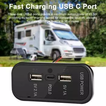 Автомобильный автомобильный USB-адаптер для зарядки, быстрая зарядка, универсальная, простая установка, USB-розетка для автофургона с 3 портами, автомобильное зарядное устройство чёрный