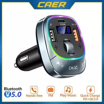 Автомобильный Bluetooth5.0 FM-передатчик с цветным светом C PD 30 Вт, два USB QC3.0, 18 Вт, быстрая зарядка, автомобильное зарядное устройство, беспроводной адаптер громкой связи