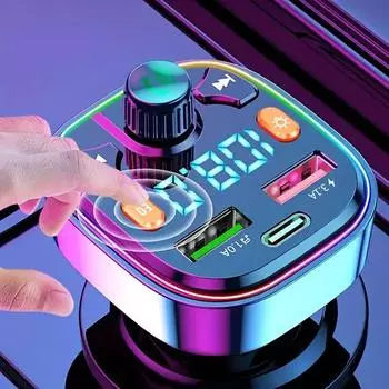 Автомобильный Bluetooth 5.0 FM-передатчик Беспроводной аудиоприемник Автомобильный MP3-плеер 18 Вт PD Быстрое зарядное устройство с окружающим освещением Автомобильная зарядная станция с двумя портами USB чёрный