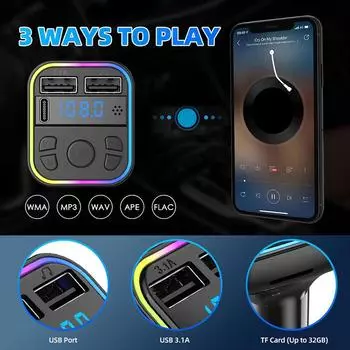 Автомобильный Bluetooth 5.0 FM-передатчик PD Type-C Dual USB 3.1A Цветной окружающий свет Handsfree MP3-модулятор-плеер чёрный