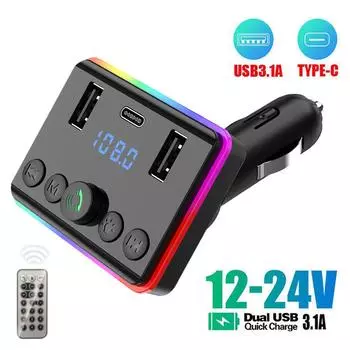 Автомобильный Bluetooth 5.0 FM-передатчик PD Type-C Dual USB Быстрый MP3-плеер с цветной подсветкой Зарядное устройство Handsfree 3.1A Модулятор D3D5