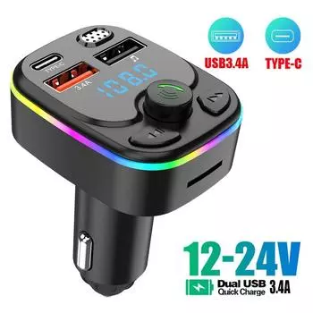 Автомобильный Bluetooth 5.0 FM-передатчик PD Type-C Dual USB 3.1A Быстрое зарядное устройство Цветной окружающий свет Громкая связь MP3-модулятор плеер