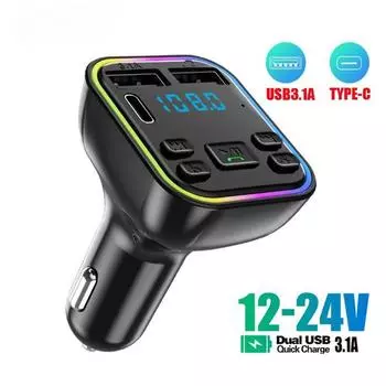 Автомобильный Bluetooth 5.0 FM-передатчик PD Type-C Dual USB 3.1A Быстрое зарядное устройство Цветной окружающий свет Громкая связь MP3-модулятор плеер чёрный