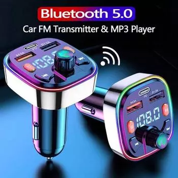 Автомобильный Bluetooth 5.0 FM-передатчик окружающего света Беспроводной аудиоприемник Автомобильный MP3-плеер с двумя портами USB 18 Вт PD Быстрое зарядное устройство Поддержка TF/U диска чёрный