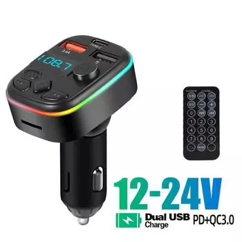 Автомобильный Bluetooth 5.0 FM-передатчик с окружающим освещением Автомобильный комплект громкой связи PD 20 Вт Dual USB 3.4AU Диск/TF-карта Mp3-плеер Быстрое зарядное устройство Прикуриватель with Remote Control