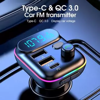 Автомобильный Bluetooth 5.0 FM-передатчик PD 20 Вт Type-C QC3.0 легкий красочный музыкальный MP3-плеер Dual USB Lossless Atmosphere зарядное устройство Q3A9 чёрный