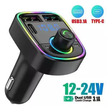 Автомобильный Bluetooth 5.0 FM-передатчик PD Type-C Dual USB 3.1A Цветной окружающий свет Handsfree MP3-модулятор-плеер