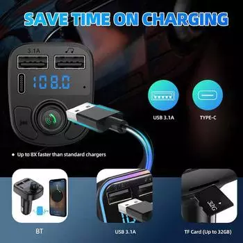 Автомобильный Bluetooth 5.0 FM-передатчик Type-C Dual USB 3.1A Цветной окружающий свет Handsfree MP3-модулятор-плеер