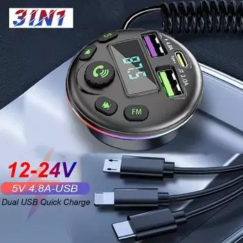 Автомобильный Bluetooth 5.0 FM-передатчик MP3-модулятор плеер Handsfree аудиоресивер с кабелем для зарядки 3 в 1 для iPhone Huawei Xiaomi