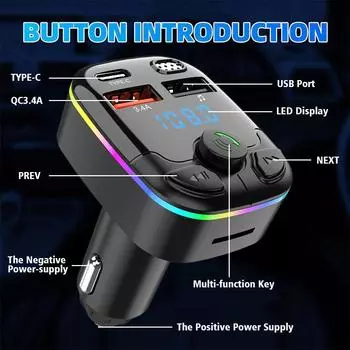 Автомобильный Bluetooth 5.0 FM-передатчик Dual USB 3.1A Быстрая зарядка PD Type C Автомобильное зарядное устройство MP3-плеер Handsfree Цветной окружающий свет чёрный
