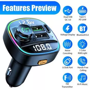 Автомобильный Bluetooth 5.0 Mp3-плеер Hand-Free Car Kit Fm-передатчики Цветная атмосферная лампа 3.1A Pd Qc 3.0 Usb Автомобильное зарядное устройство чёрный