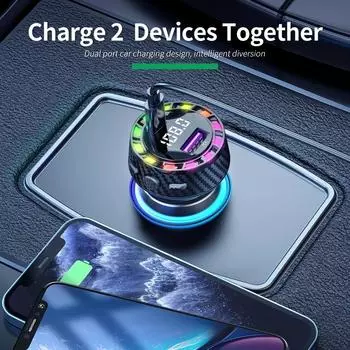 Автомобильный Bluetooth 5.3 FM-передатчик Автомобильное зарядное устройство Аудио Двойной USB Type C Быстрое зарядное устройство Цветной свет Handsfree MP3-плеер чёрный