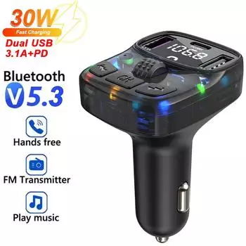 Автомобильный Bluetooth 5.3 FM-передатчик PD Type-C Dual USB 3.1A быстрое зарядное устройство цветной окружающий свет Handsfree Call MP3-плеер Adapte
