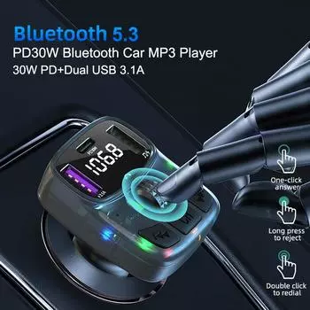 Автомобильный Bluetooth 5.3 FM-передатчик PD 30 Вт Type-C Dual USB 4.2A Быстрое зарядное устройство окружающего света Громкая связь Радиомодулятор MP3-плеер