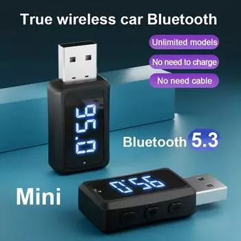 Автомобильный Bluetooth 5.3 передатчик-приемник USB Haogu Mini со светодиодным дисплеем, беспроводная связь, автомобильный комплект для звонков, автозвук для FM-радио чёрный