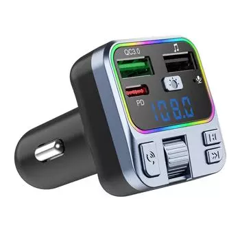 Автомобильный Bluetooth-ресивер и FM-передатчик P18 с MP3-плеером, разноцветной подсветкой и быстрой зарядкой PD18W. чёрный