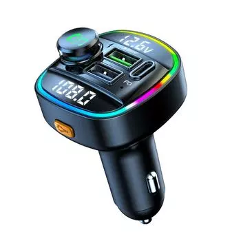 Автомобильный Bluetooth V5.0 FM-передатчик с двумя дисплеями, 20 Вт PD + QC3.0 USB-зарядное устройство для автомобиля, 7 цветов RGB-подсветки, Hi-Fi музыкальный MP3-плеер чёрный