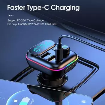 Автомобильный Быстрая зарядка Bluetooth 5.0 FM-передатчик PD Dual Player Music Type-C Цветной Ambient MP3 Light Прикуриватель USB A