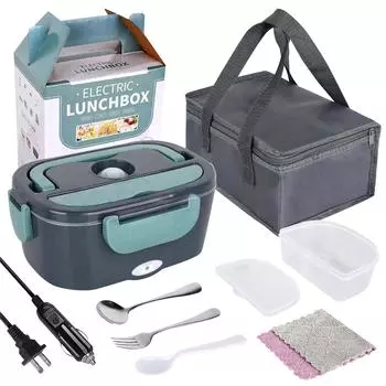 Автомобильный бытовой электрический ланч-бокс с подогревом 2-в-1, безводный изолированный ланч-бокс, подключаемый портативный One Size чёрный