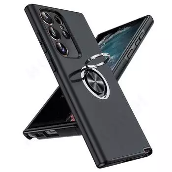 Автомобильный чехол для телефона для Samsung Galaxy S24 Ultra S23 S22 S21 Ultra Plus A14 A23 Бронированный бампер на 360 градусов Противоударное металлическое кольцо Жесткий силиконовый чехол для ПК Samsung S24 Ultra чёрный