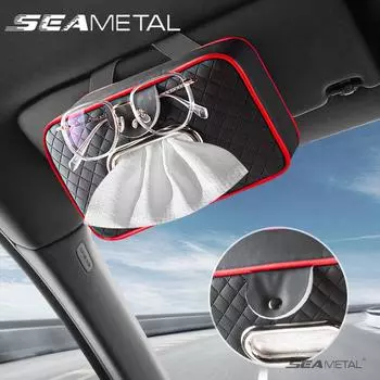 Автомобильный держатель для салфеток из SEAMETAL, зажим для очков, искусственная кожа, подлокотник для центральной консоли автомобиля, коробка для салфеток, солнцезащитный козырек, тканевый чехол на заднее сиденье чёрный