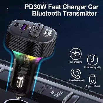 Автомобильный FM-передатчик 30 Вт PD Type C Dual USB Быстрая зарядка в автомобиле Подсветка Bluetooth 5.3 Handsfree MP3-плеер Автомобильный FM-модулятор