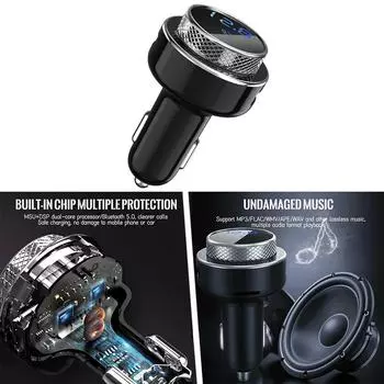 Автомобильный FM-передатчик Беспроводной Bluetooth 5.0 MP3-плеер Радио 2 USB-адаптера для зарядного устройства чёрный