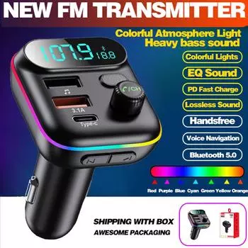 Автомобильный FM-передатчик Bluetooth 5.0 с RGB-подсветкой, быстрой зарядкой QC3.0, монитором напряжения, портом Type-C, автомобильным комплектом громкой связи Black