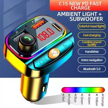 Автомобильный FM-передатчик Bluetooth 5.0 Handsfree Audio Mp3-плеер адаптер Dual USB Type-C Быстрая зарядка Цветные огни FM-модулятор