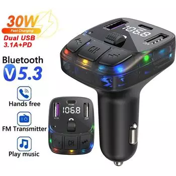Автомобильный FM-передатчик Bluetooth 5.3 PD 30 Вт, двойной USB 4.2A, быстрое зарядное устройство, окружающий свет, громкая связь, радиомодулятор, MP3-плеер, поддержка TF U диска