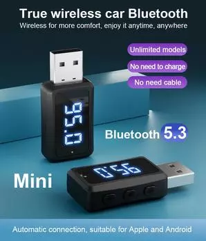 Автомобильный FM-передатчик Bluetooth 5.3 с LED-дисплеем, беспроводной USB-вызов, функция громкой связи, мини-USB-питание, автомобильный комплект FM-радио чёрный