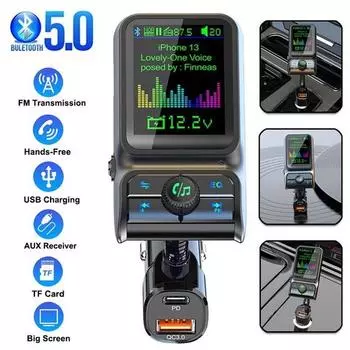 Автомобильный FM-передатчик MP3-плеер 3,5 мм AUX аудиоприемник USB QC3.0 Type C PD 20 Вт Автомобильное зарядное устройство Громкая связь Bluetooth Автомобильный комплект чёрный