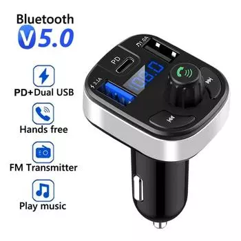 Автомобильный FM-передатчик с двумя портами USB PD Type C, быстрой зарядкой, Bluetooth 5.0, автомобильный комплект громкой связи, аудиомодулятор MP3, плеер с поддержкой карт TF чёрный