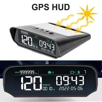 Автомобильный HUD на солнечной батарее с GPS-дисплеем на лобовом стекле Цифровые часы Спидометр Сигнализация превышения скорости Предупреждение об усталости водителя Отображение пробега на высоте
