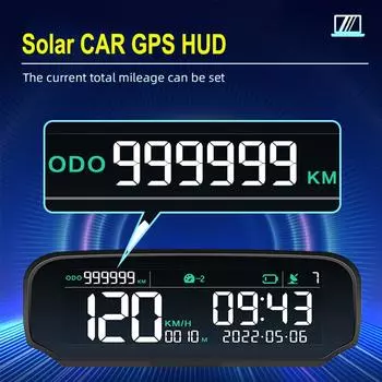 Автомобильный HUD на солнечной батарее с GPS-дисплеем на лобовом стекле Цифровые часы Спидометр Сигнализация превышения скорости Предупреждение об усталости водителя Отображение пробега на высоте