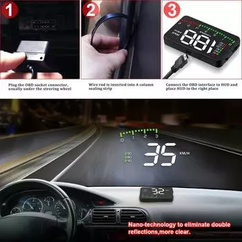 Автомобильный HUD OBD RPM Meter Head-Up Display Автомобильные аксессуары Мультидисплей Автомобильный цифровой Скорость Двигатель RPM Температура воды 2024 чёрный