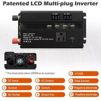 Автомобильный инвертор Автомобильный инвертор постоянного тока в переменный с ЖК-дисплеем Быстрая зарядка Автомобильный адаптер для транспортных средств RV Truck Электронные устройства красный