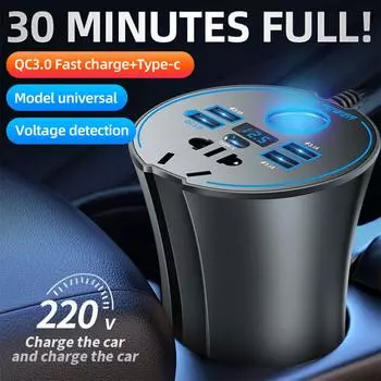 Автомобильный инвертор, цифровой дисплей, автомобильный адаптер, зарядный преобразователь, быстрое зарядное устройство для сигарет, гнездо питания для автомобиля 12 В, 24 В, 220 В, прикуриватель Plu E6u9