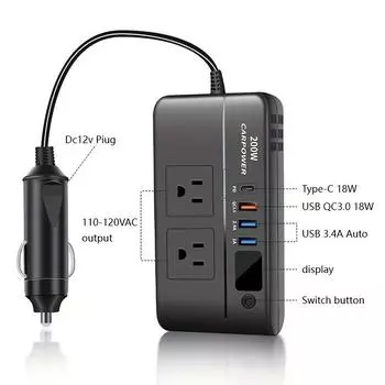 Автомобильный инвертор мощностью 200 Вт с постоянного тока 12 В до 220 В переменного тока, автомобильный инвертор, зарядное устройство, адаптер, автомобильный адаптер с выключателем и светодиодным экраном для внедорожников и грузовиков чёрный