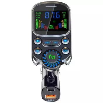 Автомобильный комплект с Bluetooth, прикуриватель, гарнитура, FM-передатчик, AUX-аудио, беспроводной MP3-плеер, быстрое зарядное устройство для автомобиля PD QC3.0 чёрный