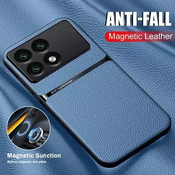Автомобильный кожаный чехол с магнитным держателем для Xiaomi Poco F6 Pro 5G, мягкий силиконовый противоударный чехол на заднюю панель PocoF6 Poko Little F 6 6Pro F6Pro For Poco F6 Pro 5G чёрный