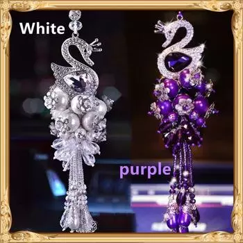 Автомобильный кулон Лебедь Бриллиантовое автомобильное зеркало заднего вида Подвесные украшения Доступ Двусторонний кристалл инкрустированный элемент Декор белый