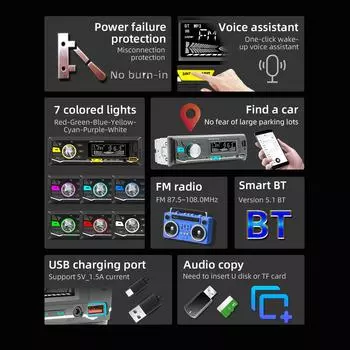 Автомобильный MP3-плеер BT Стереоприемник FM-радио Hands-Free Calling U-Disk/TF Card/Aux-in Player Поддержка