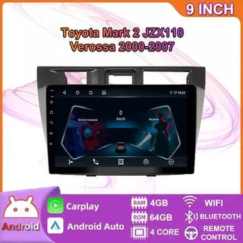 Автомобильный мультимедийный плеер Android 2 Din для Toyota Mark 2 JZX110 Verossa 2000-2007, головное устройство, стерео Carplay, GPS-навигация, BT, WIFI, 4 + 64 ГБ 2+32GB