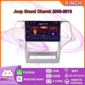 Автомобильный мультимедийный плеер Android 2 Din для Jeep Grand Cherok 2008-2013, головное устройство, стерео Carplay, GPS-навигация, BT, WIFI, 2 + 32 ГБ 2+32GB